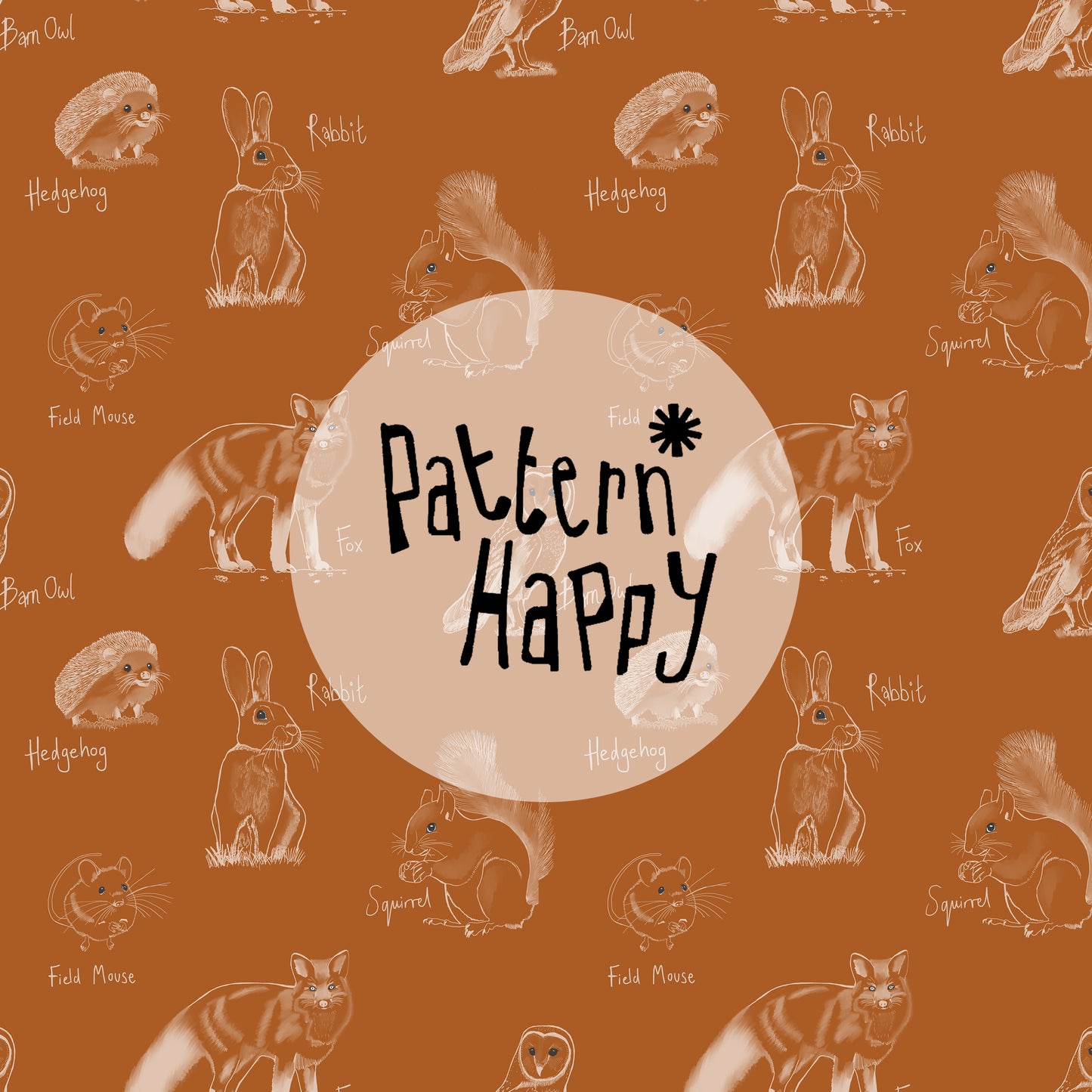 Woodland creatures white on orange- 0.5 Metres