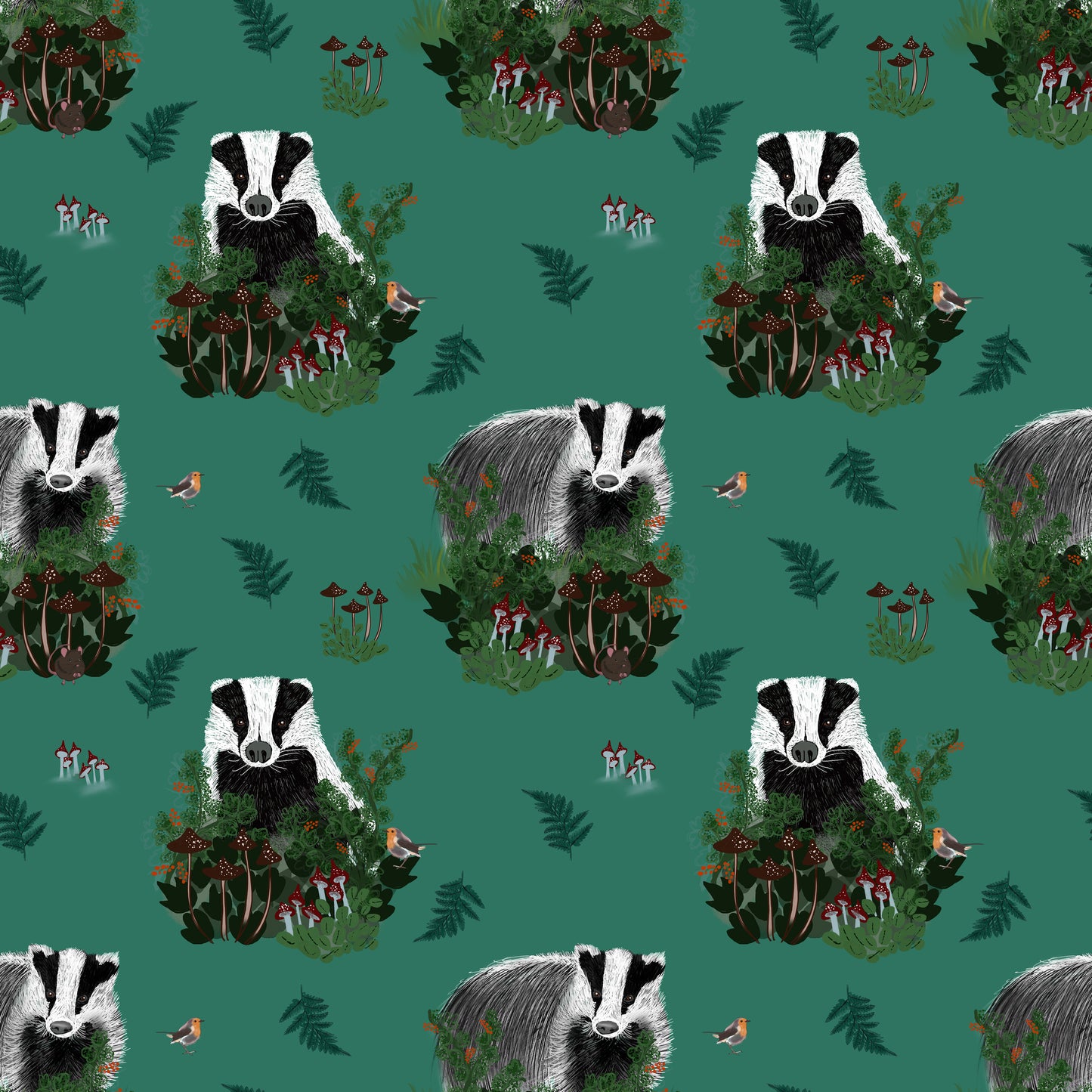 ****** NEW COLLECTION Badgers on jade green