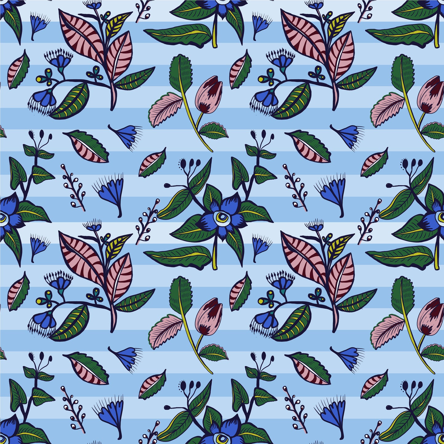 ****** NEW COLLECTION Country Floral Blue & Stripes- 0.5 Metres