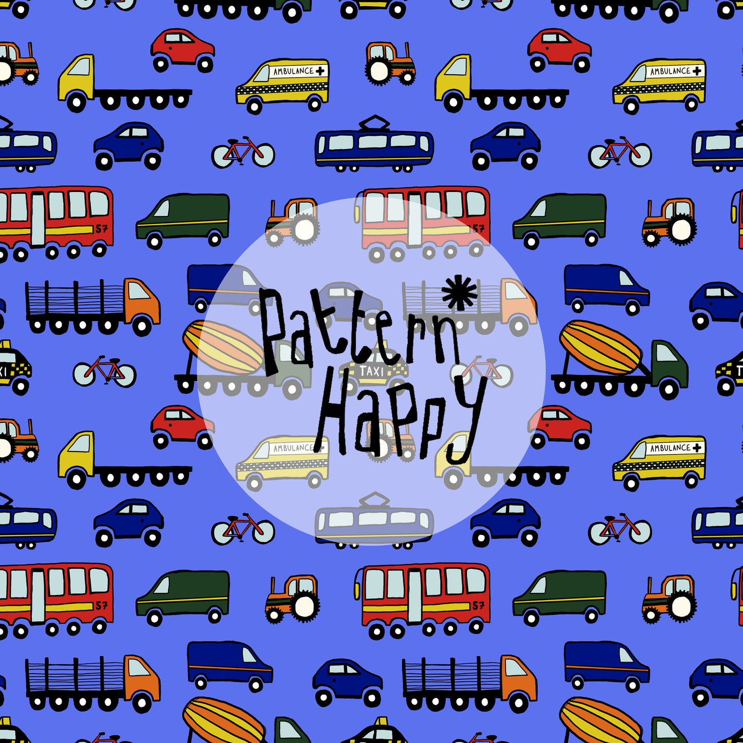 Pattern, All over transport icons on cornflower blue